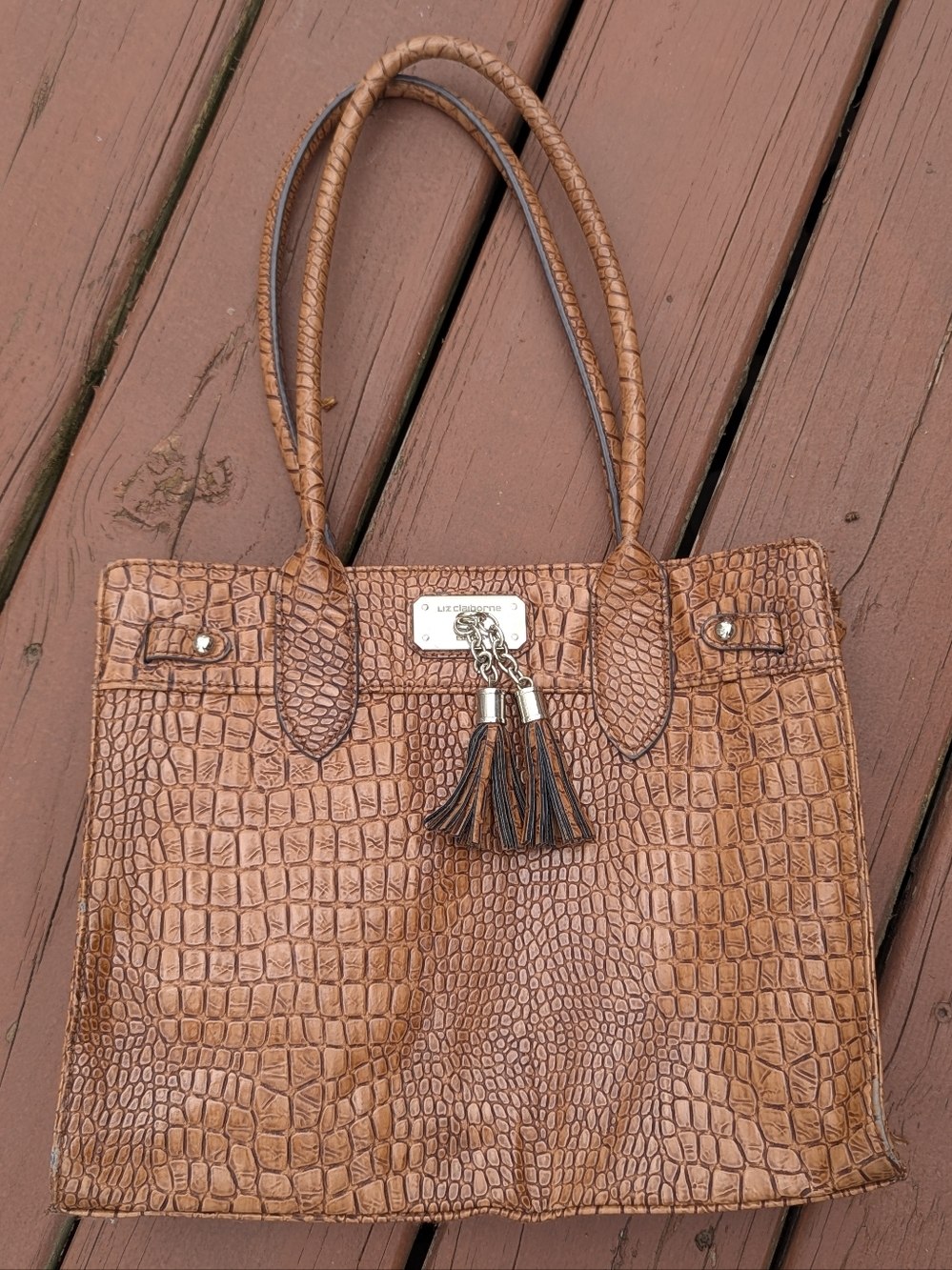 Liz Claiborne Croc-Embossed Brown/Tan Purse with Tassel